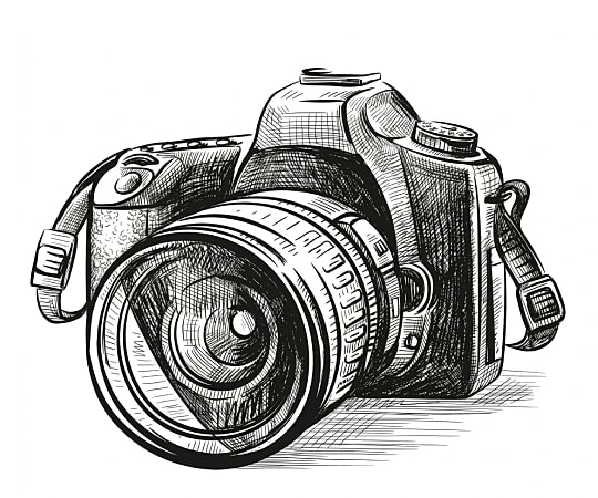 Illustration of a detailed DSLR camera.