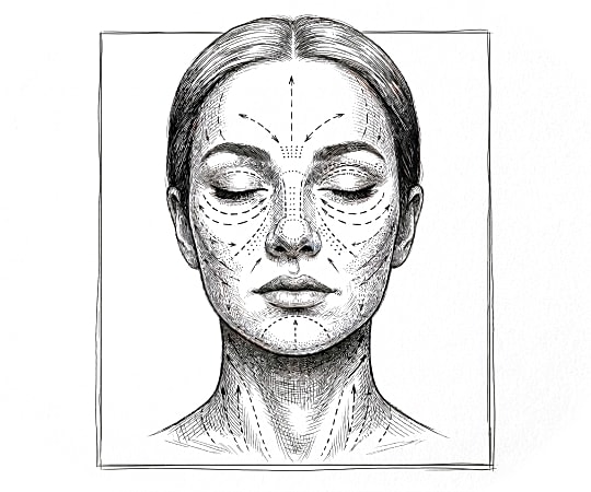Facial anatomy illustration with beauty markings.