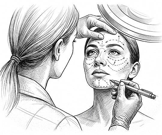 Facial marking for cosmetic procedure illustration.