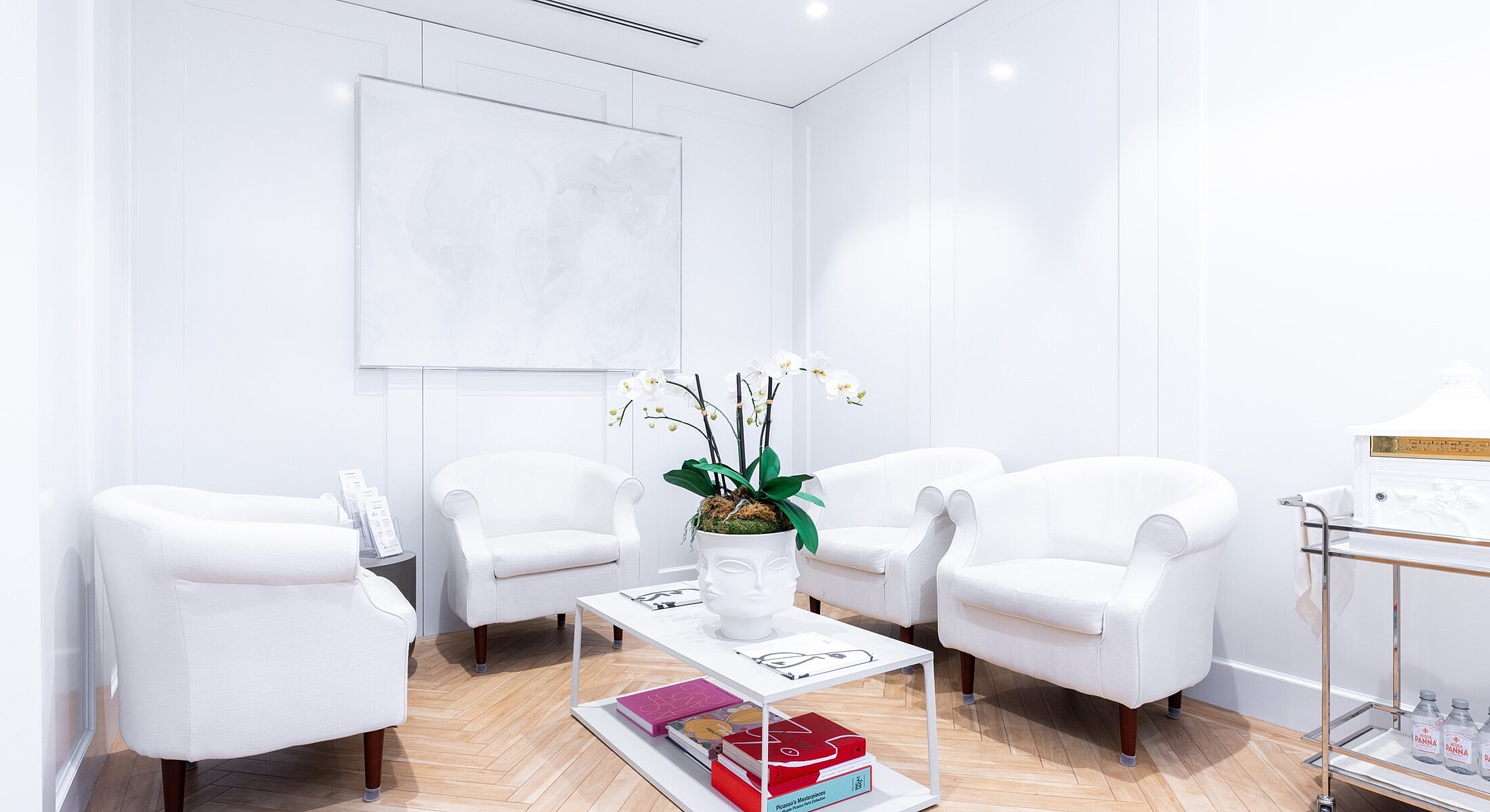 Modern white waiting room with elegant decor